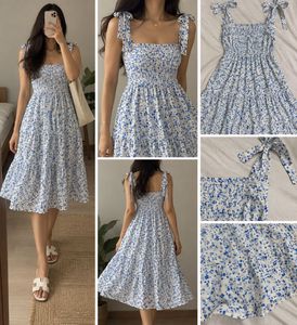 Blue & White Floral Smocked Flowy Midi Dress