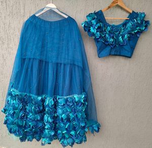 🦚 Ocean Blue 3D Floral Lehenga Choli Set ✨