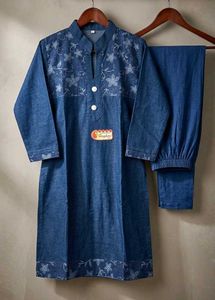 Denim Kurta Set with Floral Embroidery