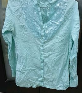 Light Blue Sequin Yoke Button-Up Shirt