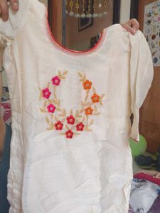 Embroidered Cream Kurta With Red Pants