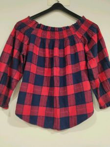 Off Shoulder Red &amp; Navy checkered Top
