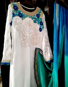 Party Wear White & Blue Embroidered Kurta Plazzo,