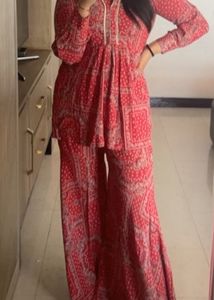 Stylish Red Bandana Print Kurta and Palazzo Set