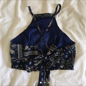 Navy Blue Paisley Print Halter Top with Tie Back
