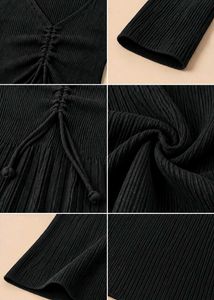 BLACK RIBBED V-NECK LONG SLEEVE MAXI DRESS