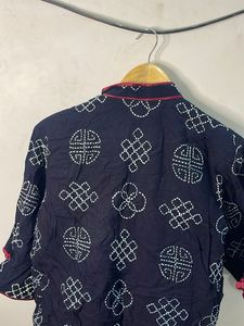 Unique Embroidered Blue Mandarin Collar Top