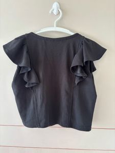 Black Ruffle Sleeve V-Neck Top