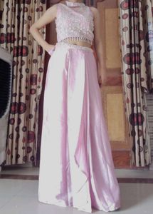 Indo-Western Crop Top and Cowl skirt Set with Shru