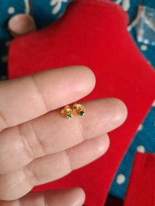 Gold Tone Stud Earrings with Green Stones