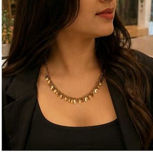 Stylish Antique Gold Leaf Drop Chain Necklace for