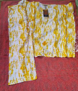 New White &amp; Yellow Print kaftan kurti pant set