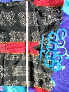Black Print Kalamkari Dress with Red Trim