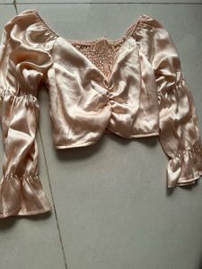 Satin Ruched Front Puff Sleeve Top