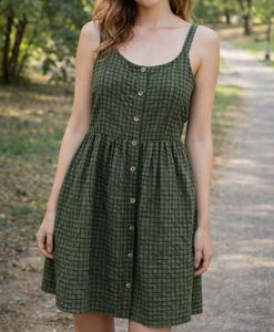 Green Checkered Button-Up Dress