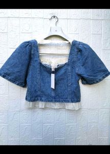 Korean denim top front zip