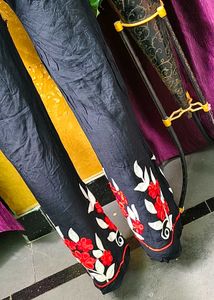 Embroidered Palazzos Black with Red Floral Accen