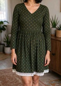 Green Printed Dress with Lace Trim