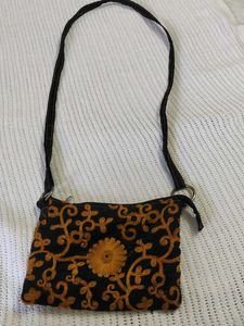 Embroidered Black Sling Bag(handmade)