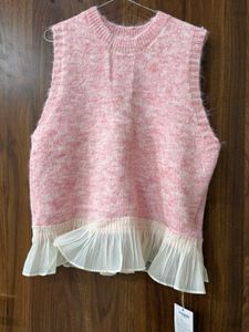savana Pink Knit Vest with Ruffle Trim