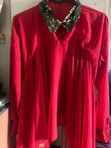 Red Sequined Collar Top
