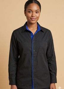 Black Button-Up Shirt with Blue Trim bust
