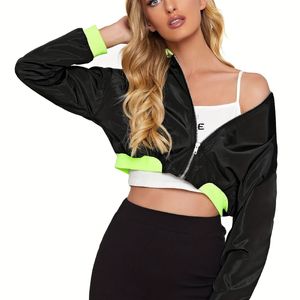 Black Neon Trim Cropped Bomber Jacket