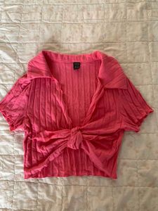 Ribbed Pink Tie-Front Cardigan