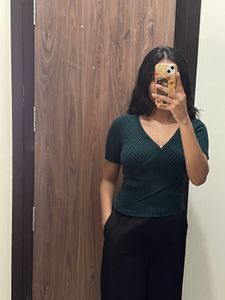 deep v neck Ribbed Wrap Top