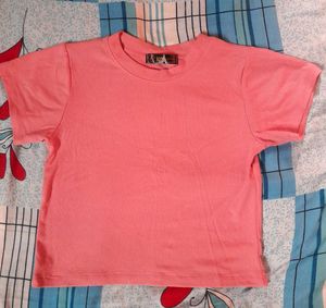 Thai Coral Pink Knit Ribbed Crop Top Tee Crewneck