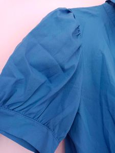 Blue Puff Sleeve Button-Up Shirt