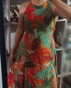Vibrant Tropical Print Halter Dress