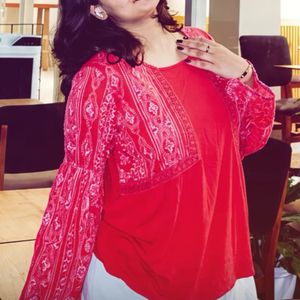Red Printed Bell Sleeve Top