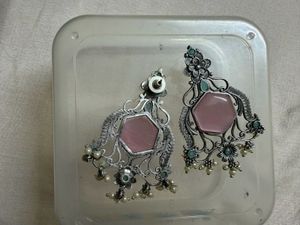 Elegant Pink Stone &amp; Pearl Dangler Earrings