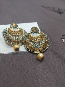 Elegant Gold &amp; Blue Chandbali Earrings