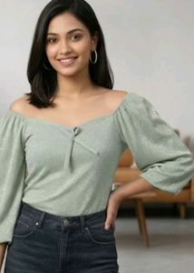 Mint Green Glittery Lurex Top with 3/4 Puff Sleeve