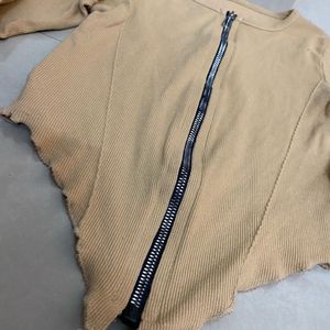 Ribbed Knit Zip Cardigan Cropped Top