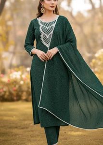 🌿 Elegant Dark Green Embroidered Dress Material