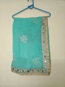 Beautiful Teal Saree with Mirror Work