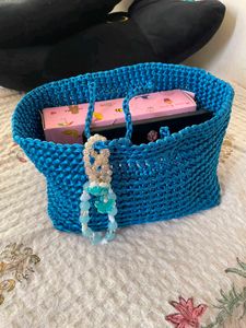Blue Woven Tote Bag with Beaded Charm