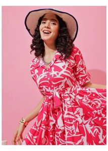 Stylish Pink &amp; White Floral Print Dress