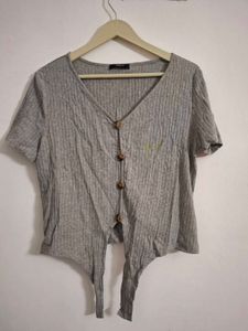 Gray Ribbed Button-Front Tie-Hem Top