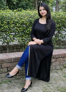 Stylish Front Slit Black Long Kurti | Trendy Indo-
