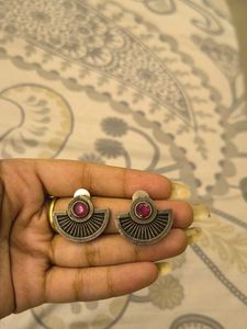 Ethnic Fan Shaped Earrings with Red Stone