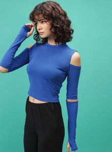 Blue Cut-Out Long Sleeve Top