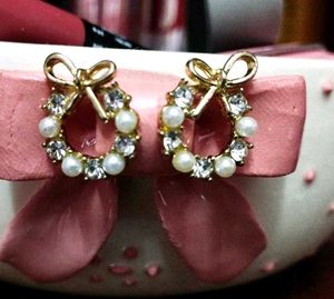 Cute Bow Pearl & Crystal Earrings