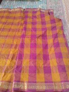 Vibrant Pink &amp; Orange Checked Saree