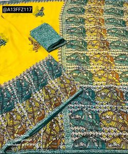 Yellow Georgette Saree with Madhubani Prints