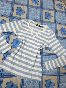 Blue and White Striped V-Neck Top