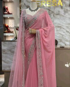 Elegant Pink Embroidered Saree
